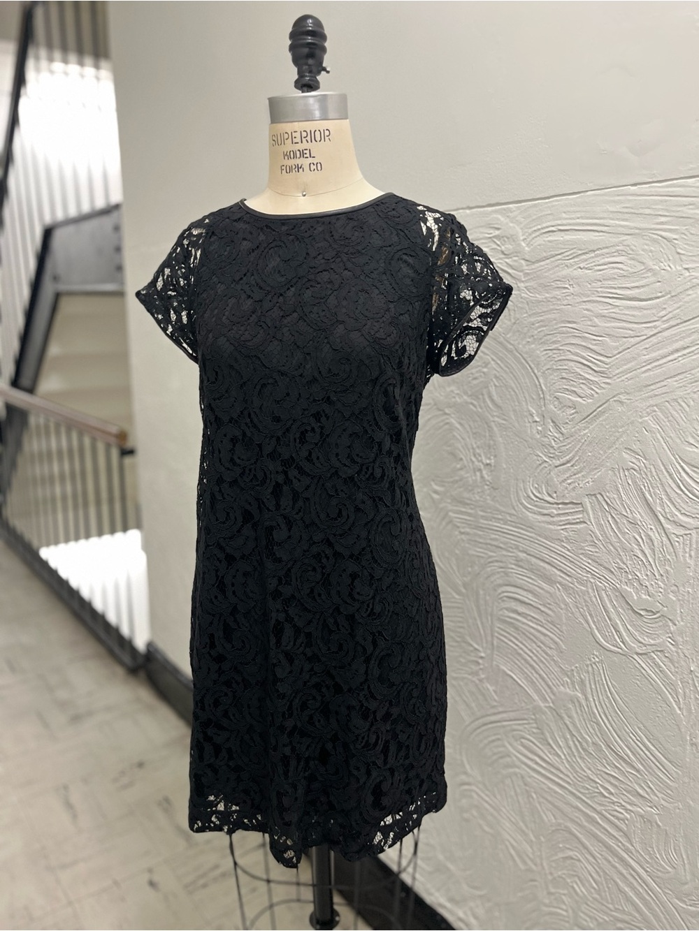 Club Monaco Black Lace Shift Dress Faux Leather Trim RUNS SMALL